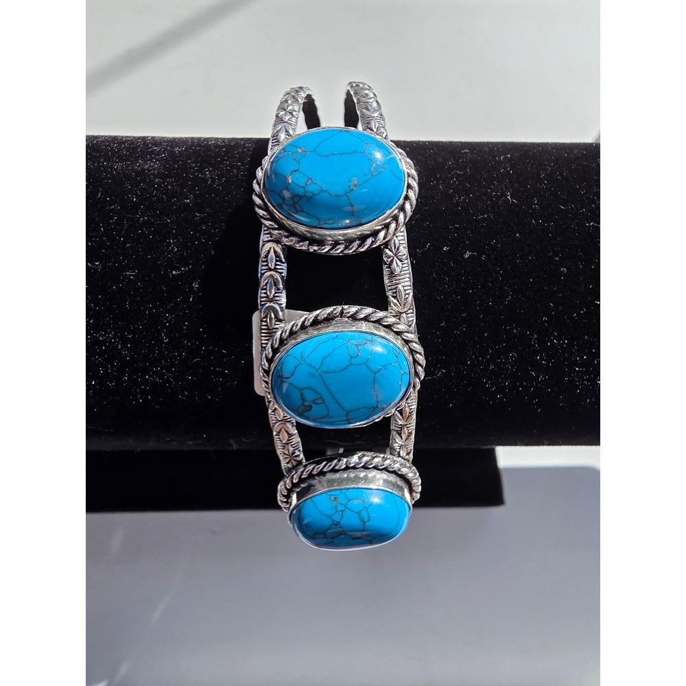 Native Natural Turquoise Silver Tone Triple Stone Engraved Cuff Bracelet
